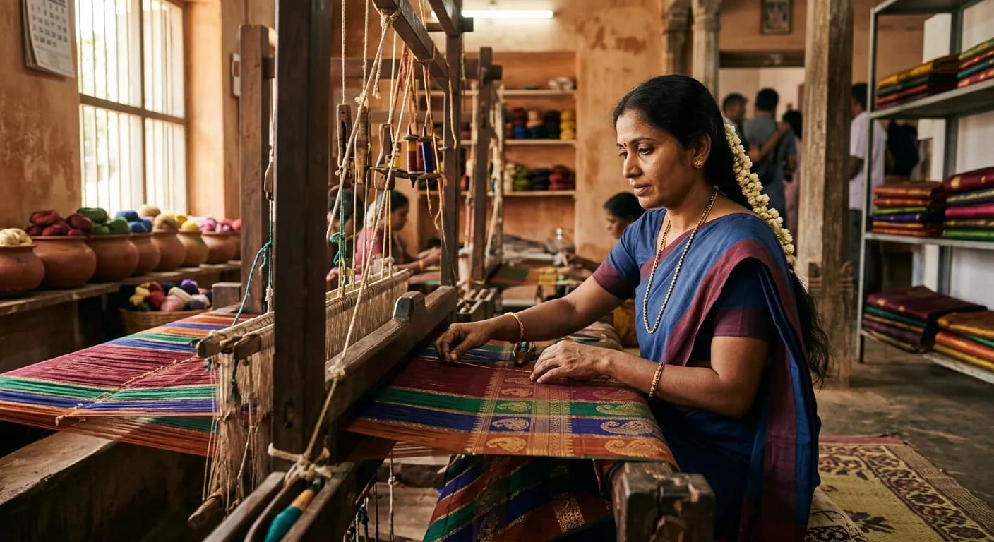 Artisan weaving a saree